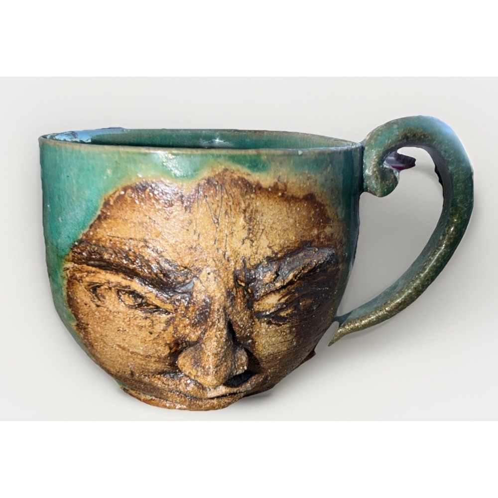 Vintage Detailed Face Mug Studio Pottery - Green w/ Drip Glaze Signed Folk Art